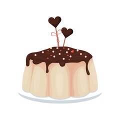 Tasty pudding with chocolate glaze, confectionery dessert, holiday menu isolated on white background. Single clipart, design element with heart shape decoration.
