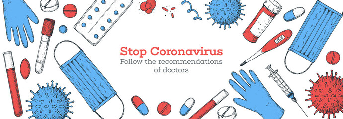 Medicinal tools, laboratory equipment, corona virus. Stop coronavirus illustration. Hand drawn design. Medical illustration. Covid-19