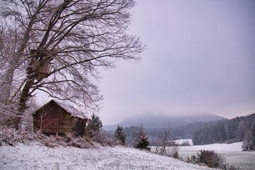 Schnee Landschaft mit Hütte