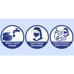 Coronavirus prevention infographic signs. WASH YOUR HANDS, FACE MASK REQUIRED, KEEP DISTANCE, MAKE SPACE. Recommended for shops, offices, schools, transport and all public places. Vector illustration.