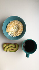 Breakfast with cottage cheese, coffee and avocado toast