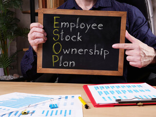 Employee Stock Ownership Plan ESOP is shown on the conceptual business photo