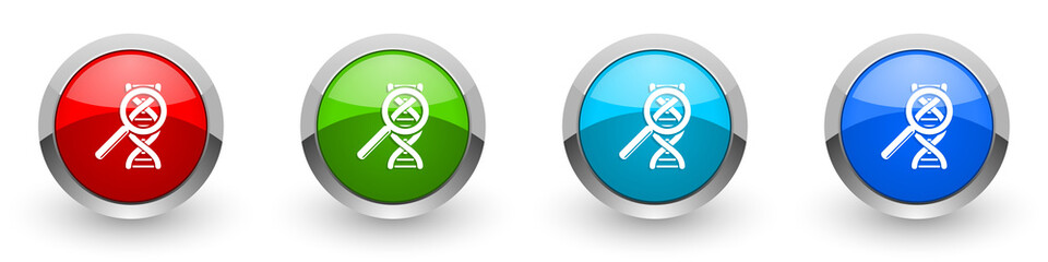 Dna, genetic research silver metallic glossy icons, set of modern design buttons for web, internet and mobile applications in four colors options isolated on white background