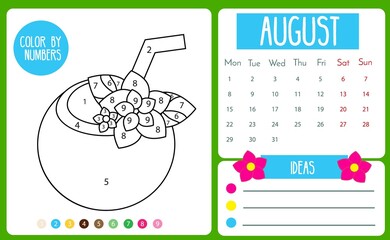 Kids activity calendar series. 2021 year. August page with color by numbers educational game for kids and toddlers