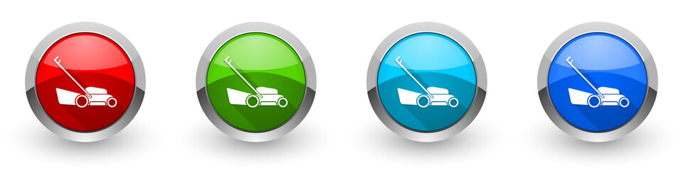 Lawn mower silver metallic glossy icons, set of modern design buttons for web, internet and mobile applications in four colors options isolated on white background