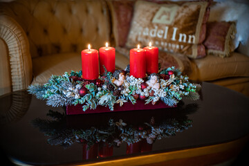 Advent wreath with candles, table handmade arrangement mini decoration for new year, artificial Christmas tree interior decoration