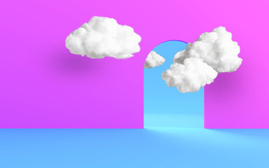 Clouds scene mock up of pink wall with entrance 3d rendering geometric shape minimal background.