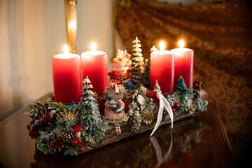 Advent wreath with candles, table handmade arrangement mini decoration for new year, artificial Christmas tree interior decoration