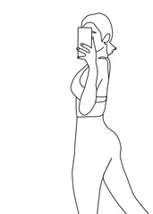 One continuous line drawing, girl poses wearing exercise clothes 