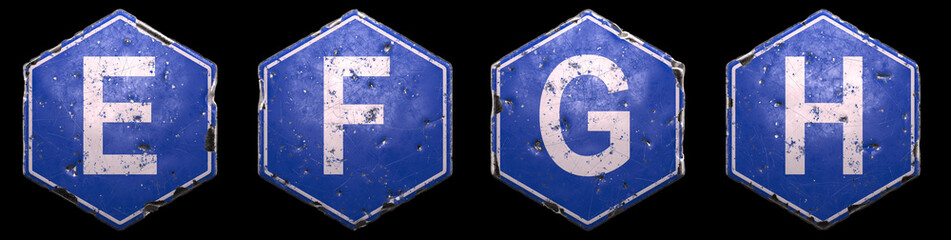 Set of public road signs in blue color with a capital white letter E, F, G, H in the center isolated on black background. 3d