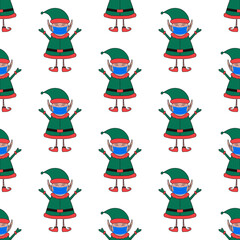 Christmas seamless pattern made from Elf character in medical mask.
