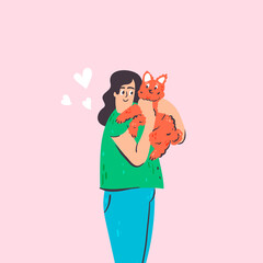 Woman playing with lovely dog cartoon illustration. Cute domestic animal friend hand drawn doodle banner design. Veterinary concept art.