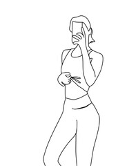 One continuous line drawing, girl poses wearing exercise clothes 