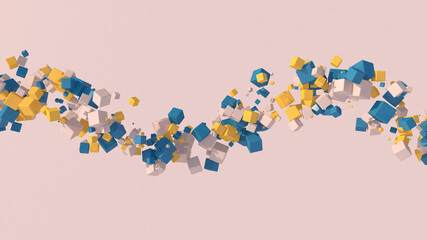 Spiral with blue, yellow, beige cubes. Abstract illustration, 3d render.
