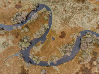 Aerial view of river stream.The river zigzags through the countryside.Meander of Vltava river,Czech...