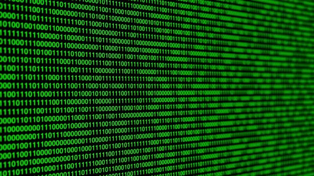 Futuristic binary code background with green digits. Green digital data code numbers on black background