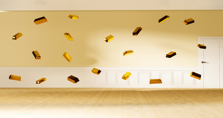 Flying gold bars in an elegant room with light and bright shades, 3D illustration