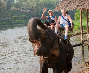 Tourists ride elephant by the river, to the place of bathing