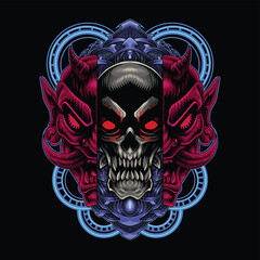 Skull head mascot logo with oni mask
