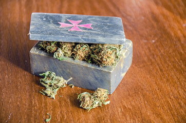 Nice buds of marijuana in the box