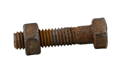 The rusty nut and bolt isolated on white background