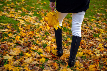 Graceful woman feet in elegant boots walking on fall leaves in an autumn forest