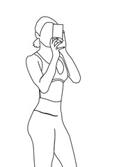 One continuous line drawing, girl poses wearing exercise clothes 