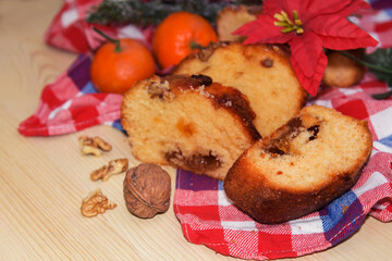 Christmas cake panettone and Christmas decorations.