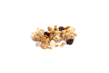 Heap of crispy muesli on white background