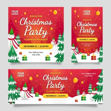 Merry Christmas Party Dinner Social Media Template Flyer with Red Gradient Background