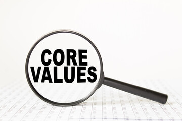 words CORE VALUES in a magnifying glass on a white background. business concept
