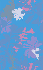 Fototapeta na wymiar Tropical tint pastel blue and pink flowers shapes hand drawn style, seamless pattern, simple flat design nostalgic feelings