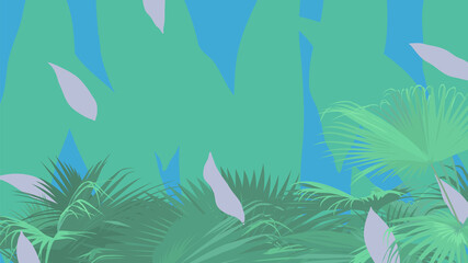 Fototapeta na wymiar Refresh green tropical fan palm on abstract leaves shape background, flat hand drawn illustration design