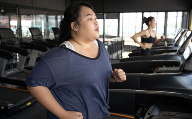 Fototapeta na wymiar Fat woman running on a treadmill at gym.