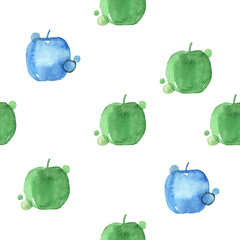 Seamless pattern illustration with green and blue apples isolated on white background - 396850551