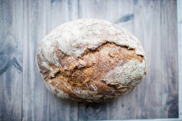 Sourdough bread on a wooden table from above