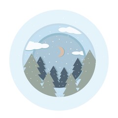 Vector Illustration of a Decorative Christmas Design with Snowflakes. paper cut illustration. kids magical greeting card with pine trees, moon and fluffy clouds. soft colors