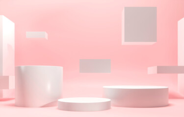 Cubic box platform - 3d render illustration. Valentine's day, birthday, anniversary - gifts and cosmetics mockup. Sweet podium, exhibition pedestal for sale of goods. Delicate romantic pink background