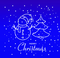 Fototapeta premium Силуэт елки и снеговика. Иллюстрация для открыток, плаката, баннера, приглашения. Векторная иллюстрация.