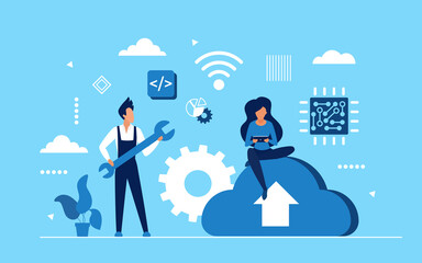 Cloud service, online media files data storage concept vector illustration. Cartoon tiny people upload information, sitting on cloud symbol, modern online technology for storing database background