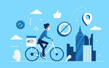 Safe contactless city delivery service concept vector illustration. Cartoon man courier or volunteer in medical mask delivering grocery food product box from supermarket by bicycle bike background