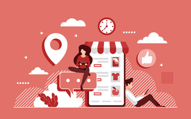 Shopping online concept vector illustration. Cartoon tiny consumer shopper people order and buy goods in internet store, using commercial mobile smartphone shop app, ecommerce advertising background