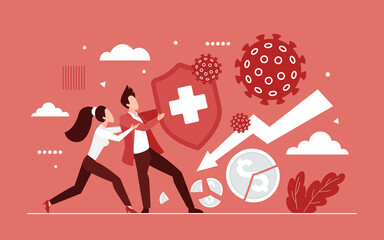 Business people fight coronavirus covid19 concept vector illustration. Cartoon businessman and businesswoman holding shield to protect from corona virus pathogens, economic financial crisis background