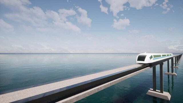 Modern train maglev hyperloop on sea Futuristic transport 4k