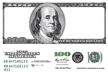 U.S. 100 dollar banknote. Elements for design purpose on white background