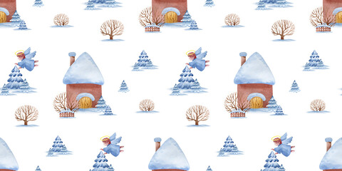 Christmas watercolor card guardian angels over houses