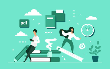 People read books vector illustration. Cartoon tiny characters studying, reading ebooks from mobile library, web archive electronic books or paper textbooks, technology education concept background