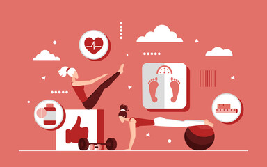 Weight loss, woman fitness training concept vector illustration. Cartoon tiny sportive female characters do sport exercises for body health, control weight on scales, healthy lifestyle background