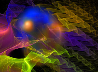 A colorful backlit wavy veil flies against a dark background. Abstract fractal background. 3d rendering. 3d illustration.