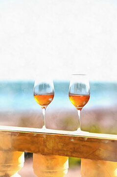 Beautiful scene with wine glasses standing alone on natural sky and seashore background